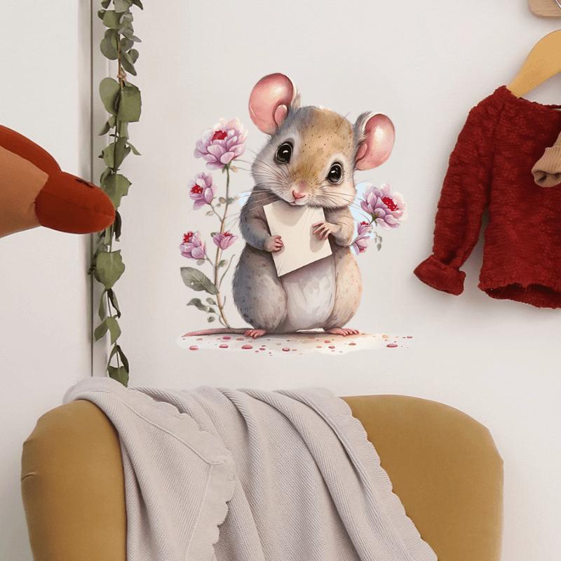 Cartoon Mouse Pattern Wall Sticker with Heart and Flower Patterns, Wall Decoration,Toilet Decoration, Self-adhesive Wall Sticker