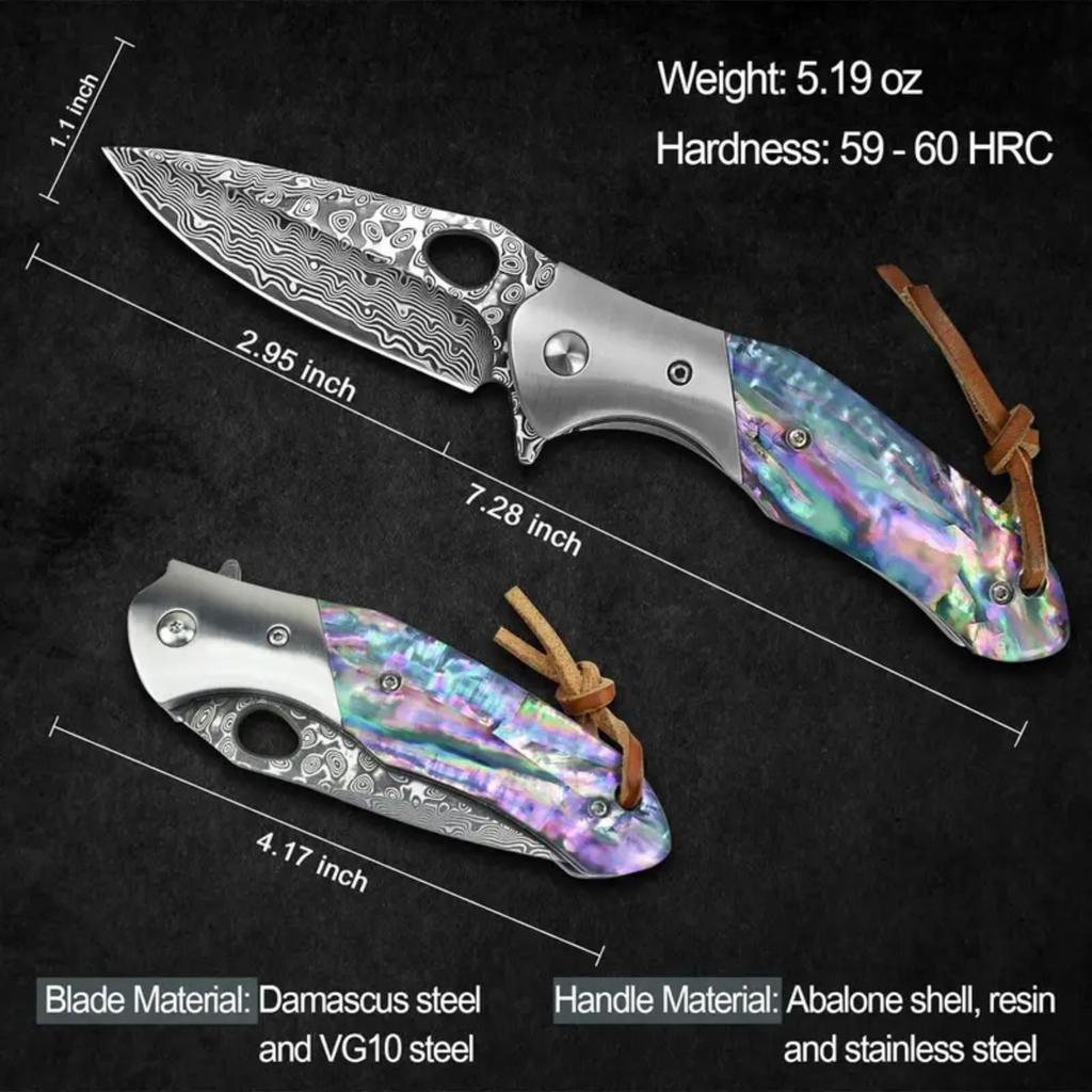 1 piece of high quality Damascus steel pattern folding knife, manual rotating small knife, family fruit knife.