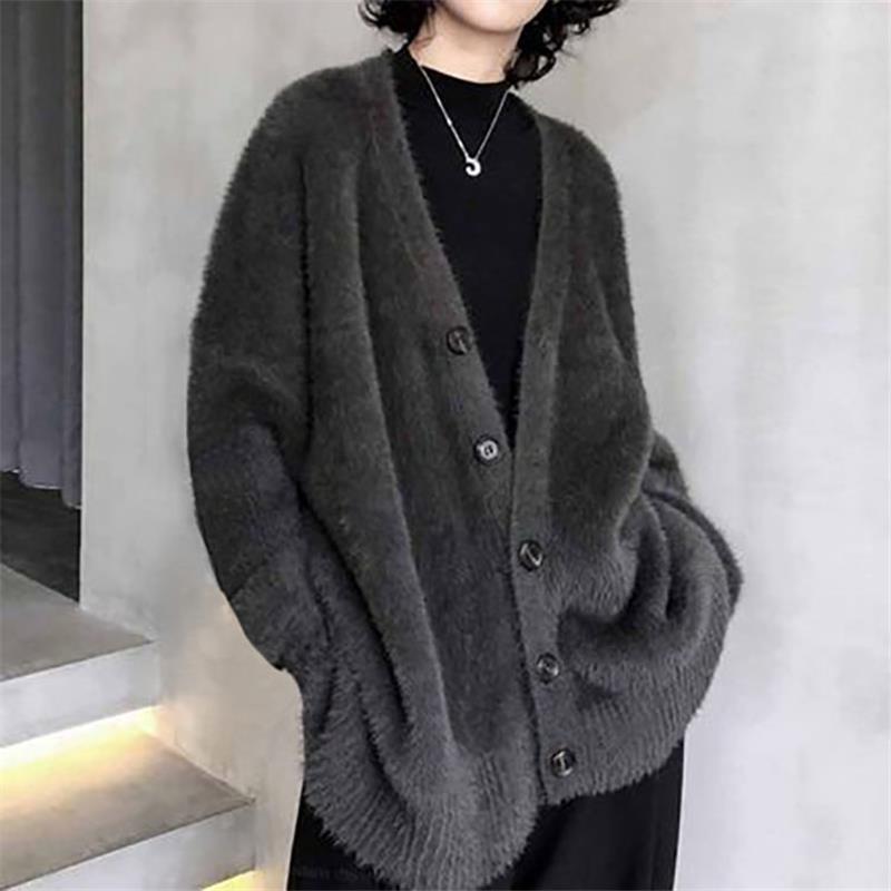 Korean Style Loose Faux Mink Velvet V-neck Cardigan Coat for Women
