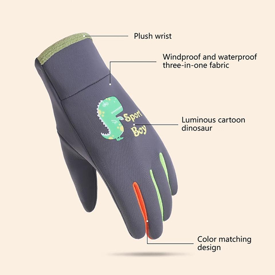 1Pair New Style Children's Gloves Skin-Friendly And Warm Silicone Luminous Cartoon Dinosaur Water-Resistant Fabric Unisex