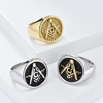 Vintage Masonic Stainless Steel Ring for Men Bully Titanium Jewellery Accessory Gold Hip Hop Rapper's Finger Ring