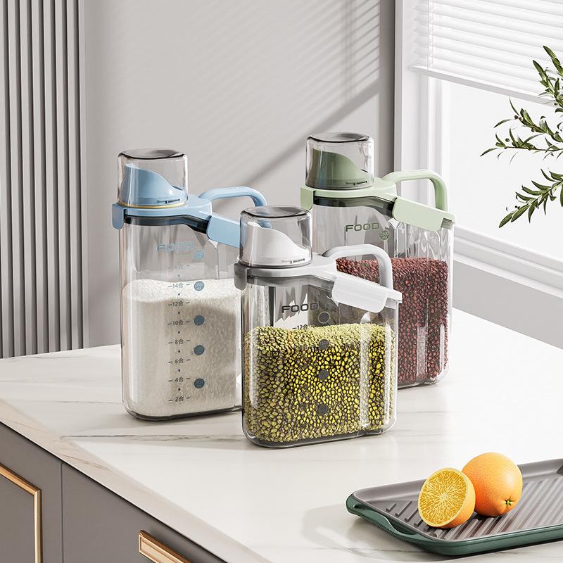 Multi-Grain Storage Canister with Measuring Cup - Sealed Plastic Container for Rice, Flour, and Grains