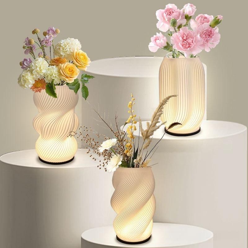 3D Printed Twisted Vase LED Lamp Nordic Minimalist Ambient Table Light Dual-Purpose Decor Lamp for Floral Arrangement, Ideal for Bedroom & Study Decor