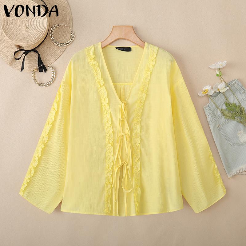 VONDA Women V Neck Long Sleeve Lace Up Ruffled Hem Semi-Sheer Shirts Blouse