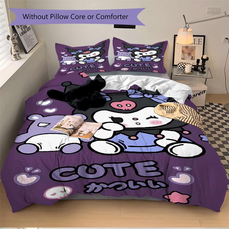 3pcs Cute Kuromi Bedding Set 1 Soft Quilt Cover + 2 Pillowcases, Machine Washable Suitable for All Seasons, Perfect Gift S011