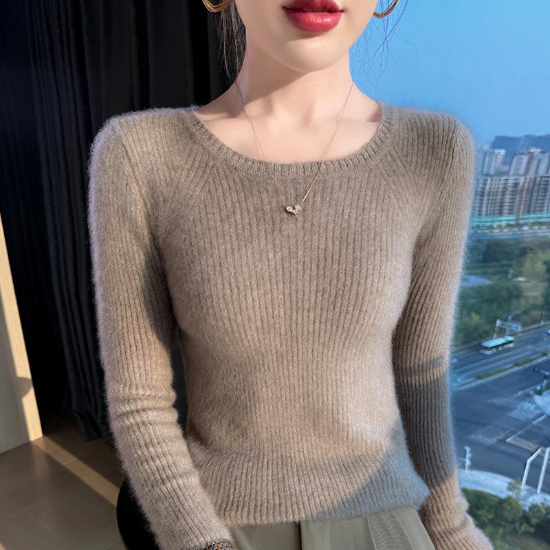 Women's Slim Fit Ribbed Wool Sweater - Round Neck, Versatile Autumn/Winter Base Layer