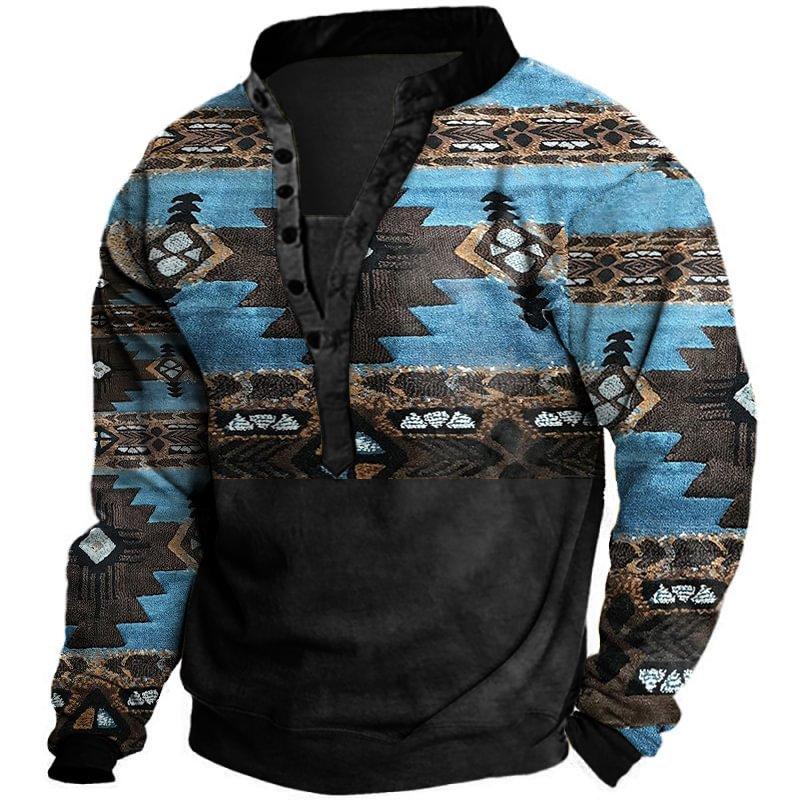 Ethnic Tribal Print Long Sleeve Polo, Vintage Casual Style