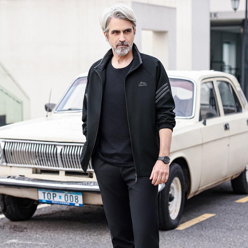 

Мужской повседневный комплект худи и кардигана для среднего и пожилого возраста - Осенне-весенняя спортивная одежда, для бега, тканый, свободного кроя, двухпредметный. XXXL