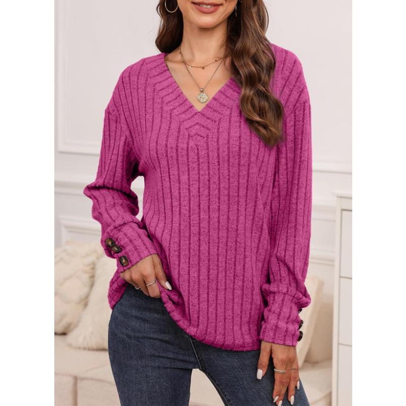 Women's Autumn and Winter Long Sleeve V-Neck Shirt Solid Color Button Pullover