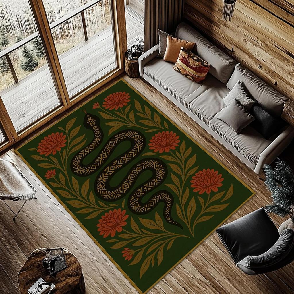 Nordic Style Living Room Carpet Black Gold Mysterious Snake Pattern Bedroom Rug Machine Washable Non-slip Coffee Table Mat Tapis