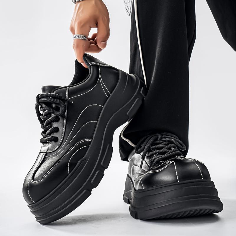 New Men's Casual Leather Shoes Thick-soled Retro Round-toe Derby Shoe Outdoor Sports Black Small Leather Shoes Men Casual Shoe