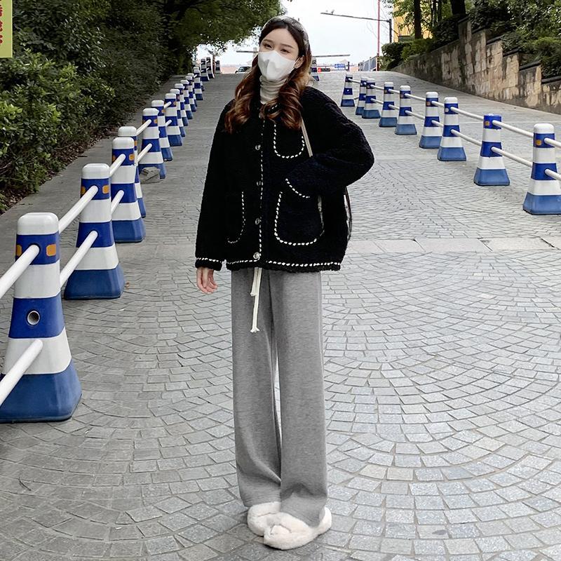 Fashion Thick Solid Casual Loose Wide Leg Pants Women Autumn and Winter High Waist Elegant Office Ladies Trousers Vintage Simple Straight Pants 25680