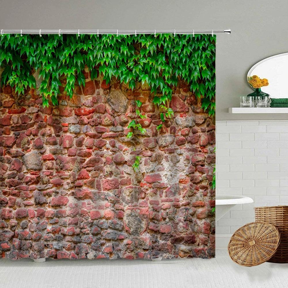 Green Vine Vintage Stone Brick Wall Shower Curtains Set Natural Plants Leaves Flowers Polyester Fabric Bathroom Decor with Hooks