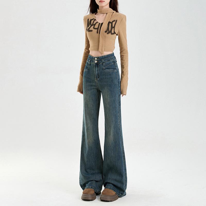 Women s High Waist Retro Bell Bottom Jeans - Spring/Autumn Floor-Length Drape, Slimming Fit, Comfortable Leg. S