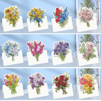 Set de 12 Cartes de Vœux Peinture Diamant DIY Papillon Fleur Adulte avec Enveloppes Fait Main pour Famille Amis Fête Anniversaire