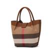 Aidrani Genuine Leather Canvas Bag Plaid Pattern Women's Handbag Fashion Design Cowhide Bag Basket Shaped Brown Color