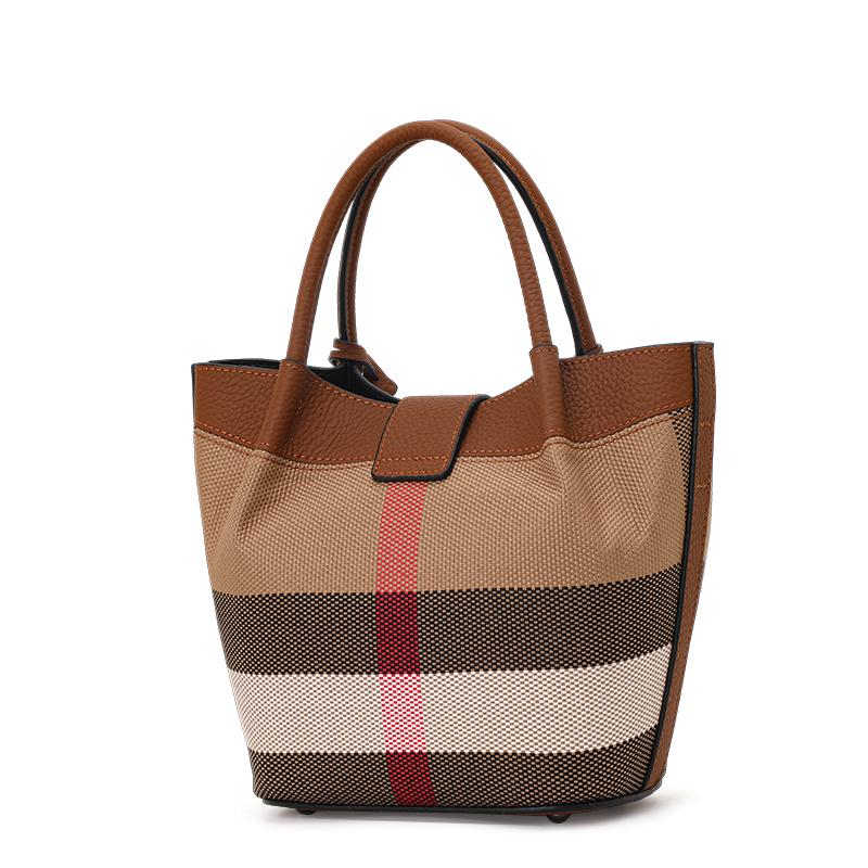Aidrani Genuine Leather Canvas Bag Plaid Pattern Women's Handbag Fashion Design Cowhide Bag Basket Shaped Brown Color