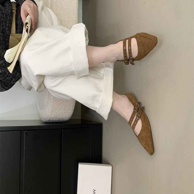Flat heel suede low-top shoes Flat bottom shallow mouth rubber single shoes One-word buckle with pointed tip