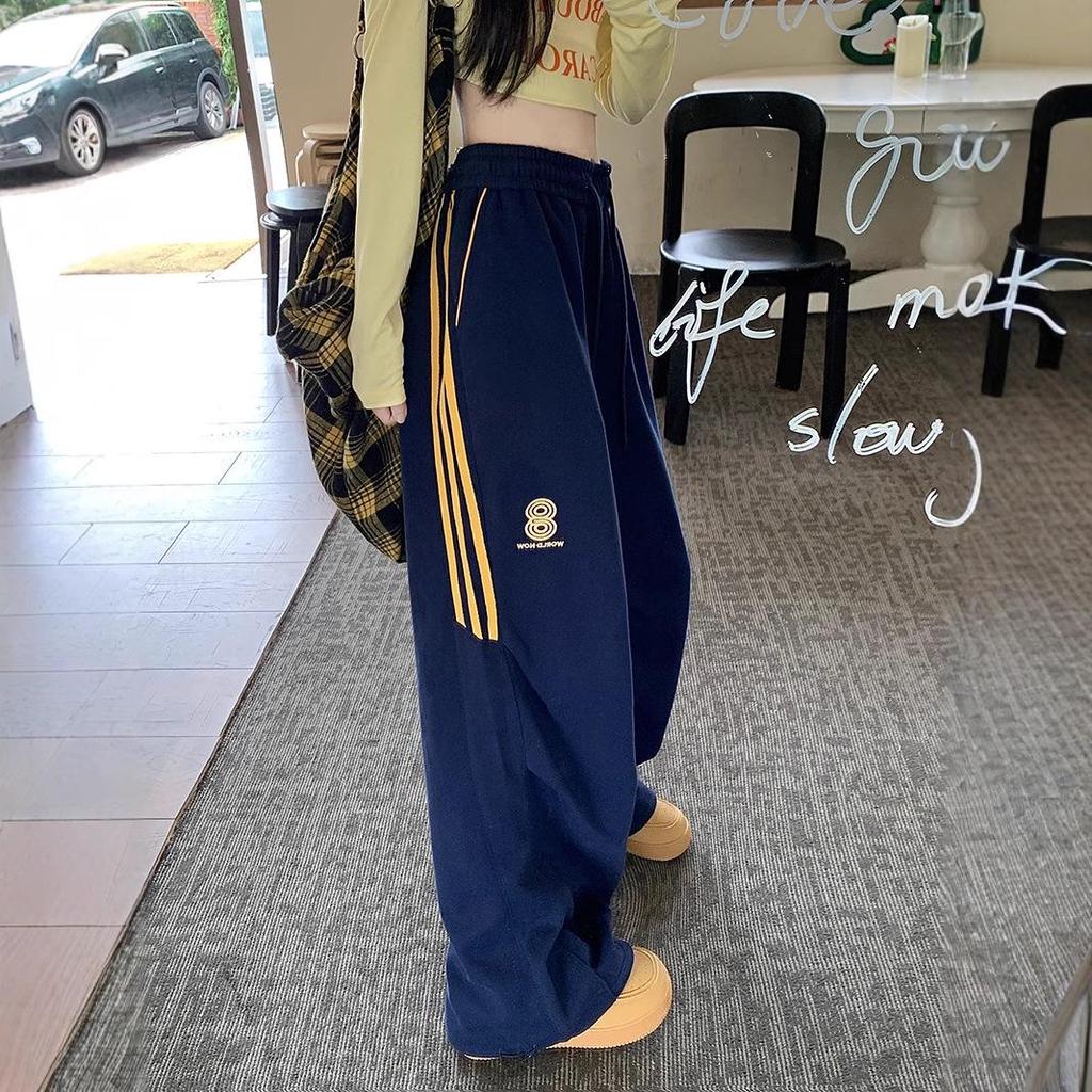 Women's Navy Three-Stripe Wide-Leg Track Pants - Spring/Autumn Casual Loose Fit