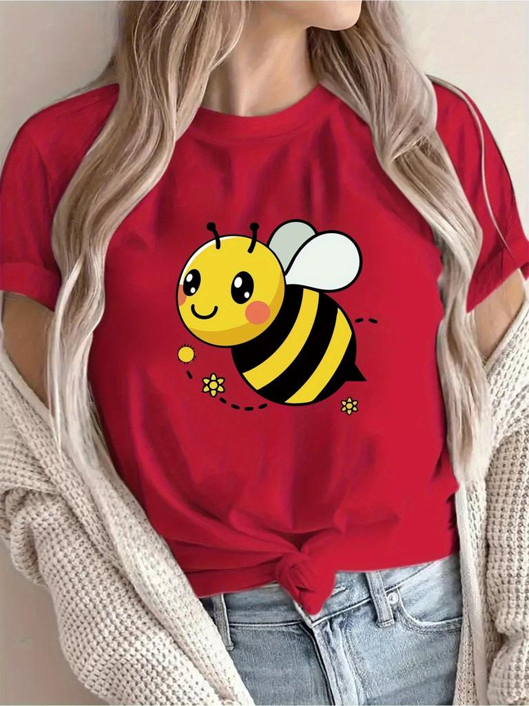 Unisex Cute Bee Graphic T-Shirt - Beige with Black & Yellow Bee Print, Soft Breathable Short Sleeve Crew Neck Tee, Lightweight & Machine Washable,