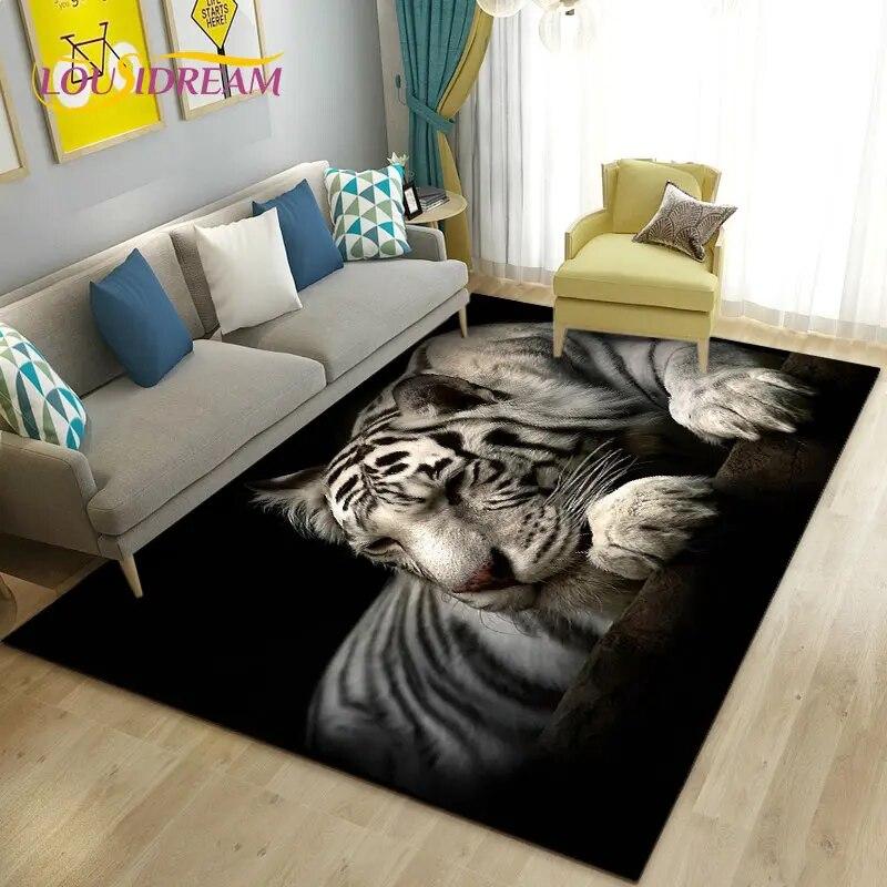 3D White Tiger Lion Leopard Wolf Area Rug,Carpet Rug for Living Room Bedroom Sofa Doormat Decoration,Kid Play Non-slip Floor Mat