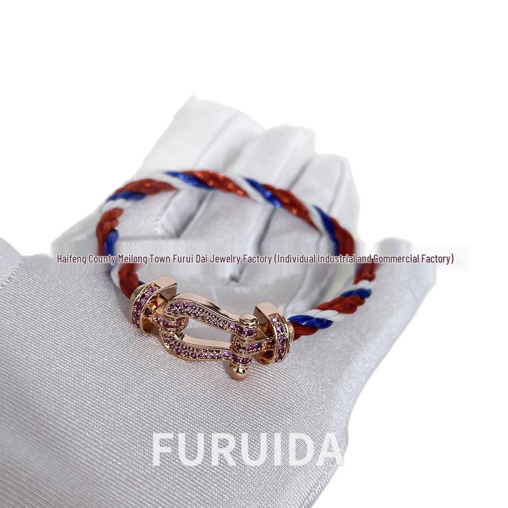 Bracciale Unisex Fei Family in Oro 18K Placcato, Ferro di Cavallo e Nodo Cinese Intrecciato, Bicolore in Nylon