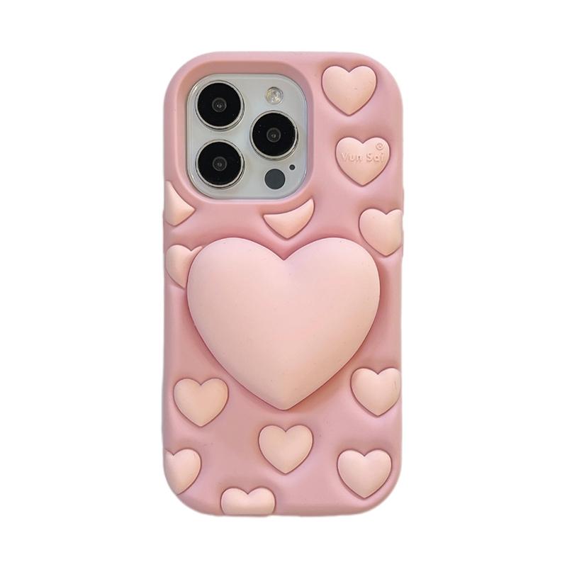 

Pink 3D Love Heart Stand Holder Decompression Case For iPhone 16 15 13 14 12 Pro Max Soft Silicone Phone Cover iPhone 16 Pro