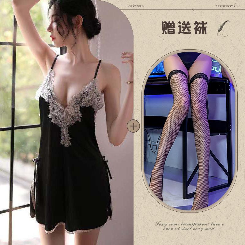 Fun underwear ice silk temptation sexy split-ended nightdress water-soluble flower hollow suspender pajama set