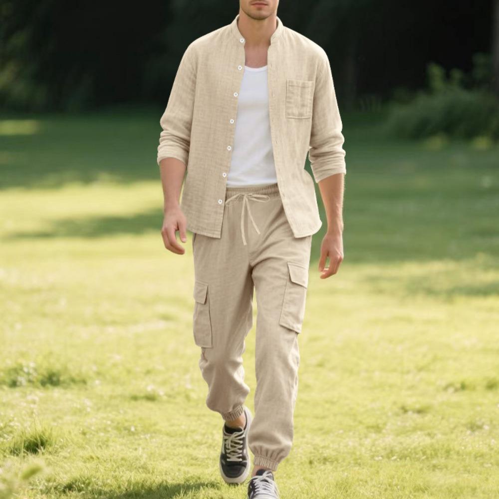 Spring and Summer Men's Linen Button Long Sleeved Shirt and Pants Set, Fashionable, Casual,  Breathable, Quick Drying 2-Pic Set