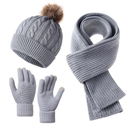 3Pcs/Set Women Winter Hat Scarf Gloves Set Plush Ball Decor Twist Texture Knitting Hat Long Scarf Warm Gloves Set