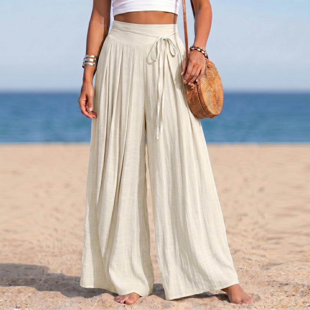 Women's High Waist Wide Leg Pants Linen Blend Casual Loose Fit Pleated Palazzo Trousers with Tie Detail and Elastic Waistband