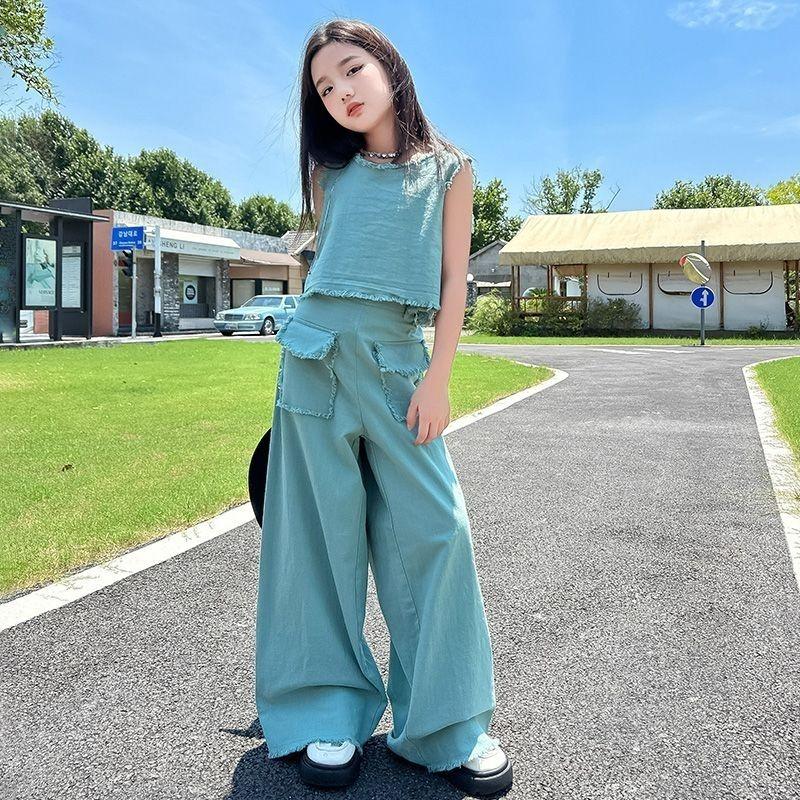 Women's Mid Size Summer Suit Fashionable Sleeveless Vest Children's Wide Leg Pants Fashionable Two-piece Set Trendy