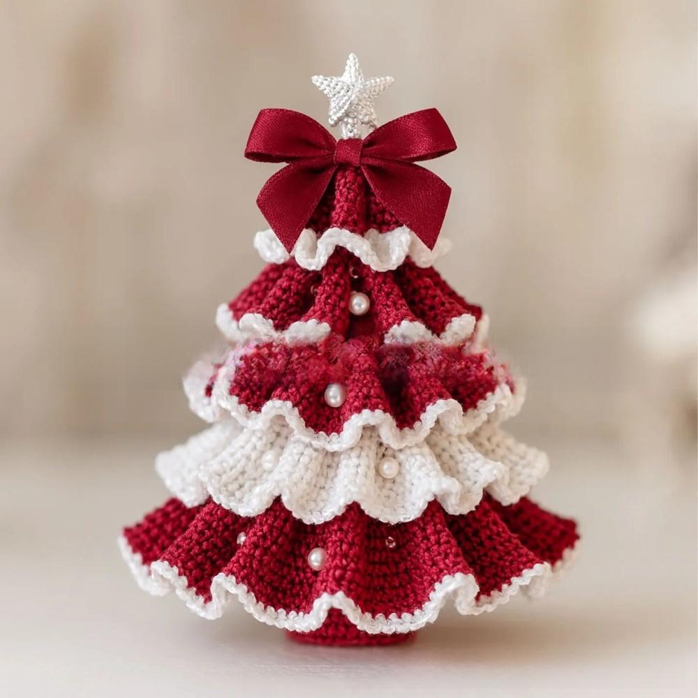 Handmade Crochet Christmas Tree Kit Festival with Bow Faux Pearl Christmas Party Crochet Decoration
