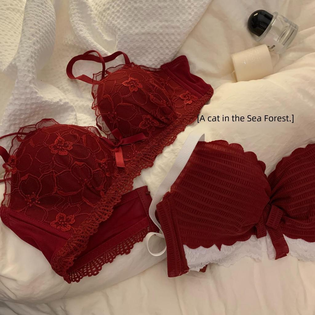 Women's Red Rabbit Year Lucky Sexy Wireless Bridal Bra Set - Gathered Bust