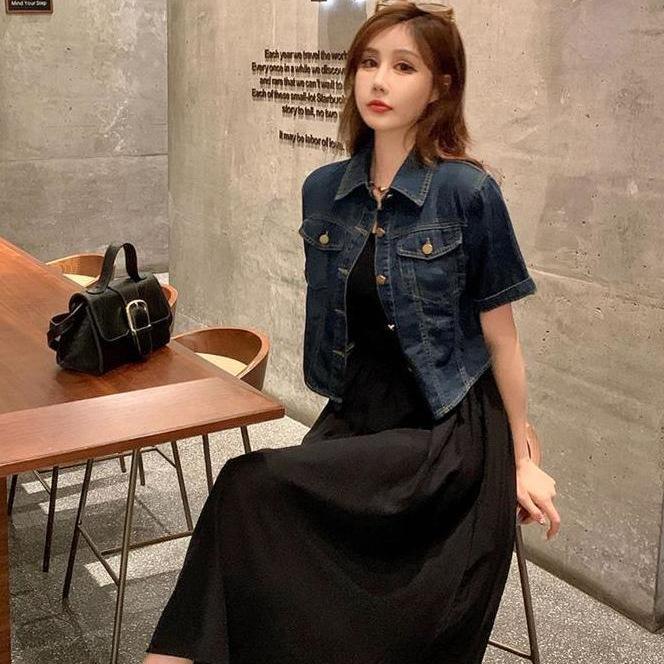 Hong Kong Retro Denim Short Jacket & Camisole Dress Set for Women - Summer Thin, Loose Fit, Short-Sleeved Two-Piece