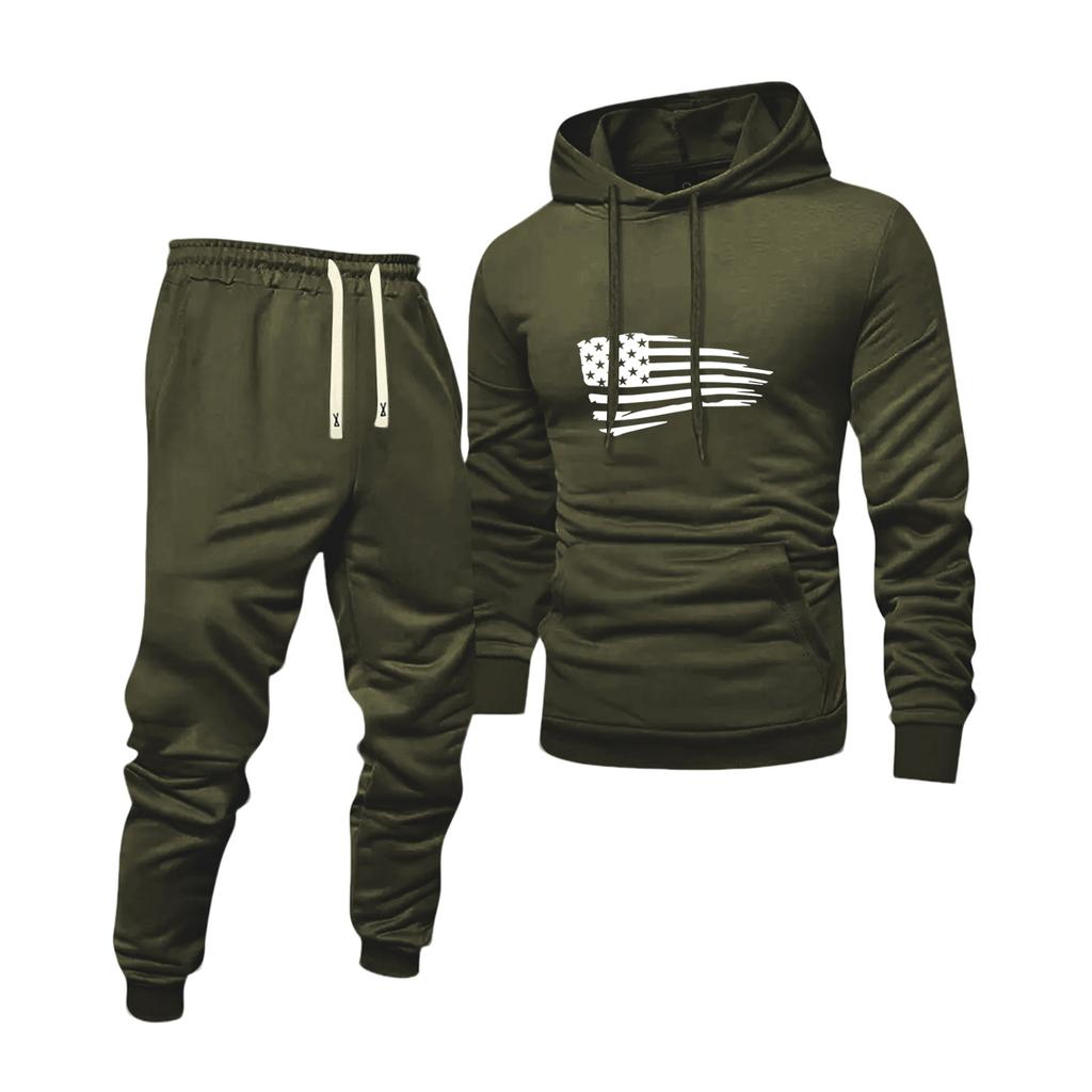 Men's Solid Color Flag Print Hooded Universal Versatile Hooded Sweatshirt Sweatpants Casual Sports Suit