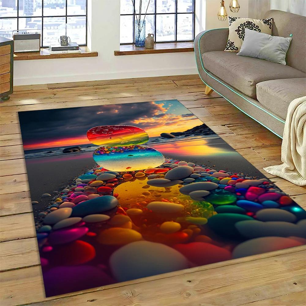 2025 New Style Colorful Pebble Rainbow Road Beach Stone Scenery Carpet Rug for Living Room Bedroom Home Sofa,Non-slip Floor Mat
