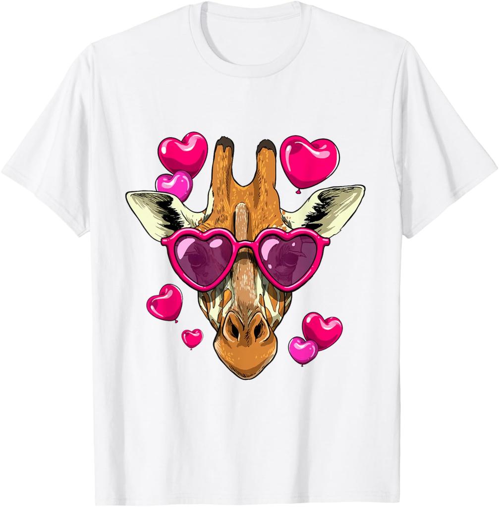 Giraffe Heart Sunglasses Valentines Day Funny Animal Graphic Tee Short Sleeve Casual Crewneck T-Shirt