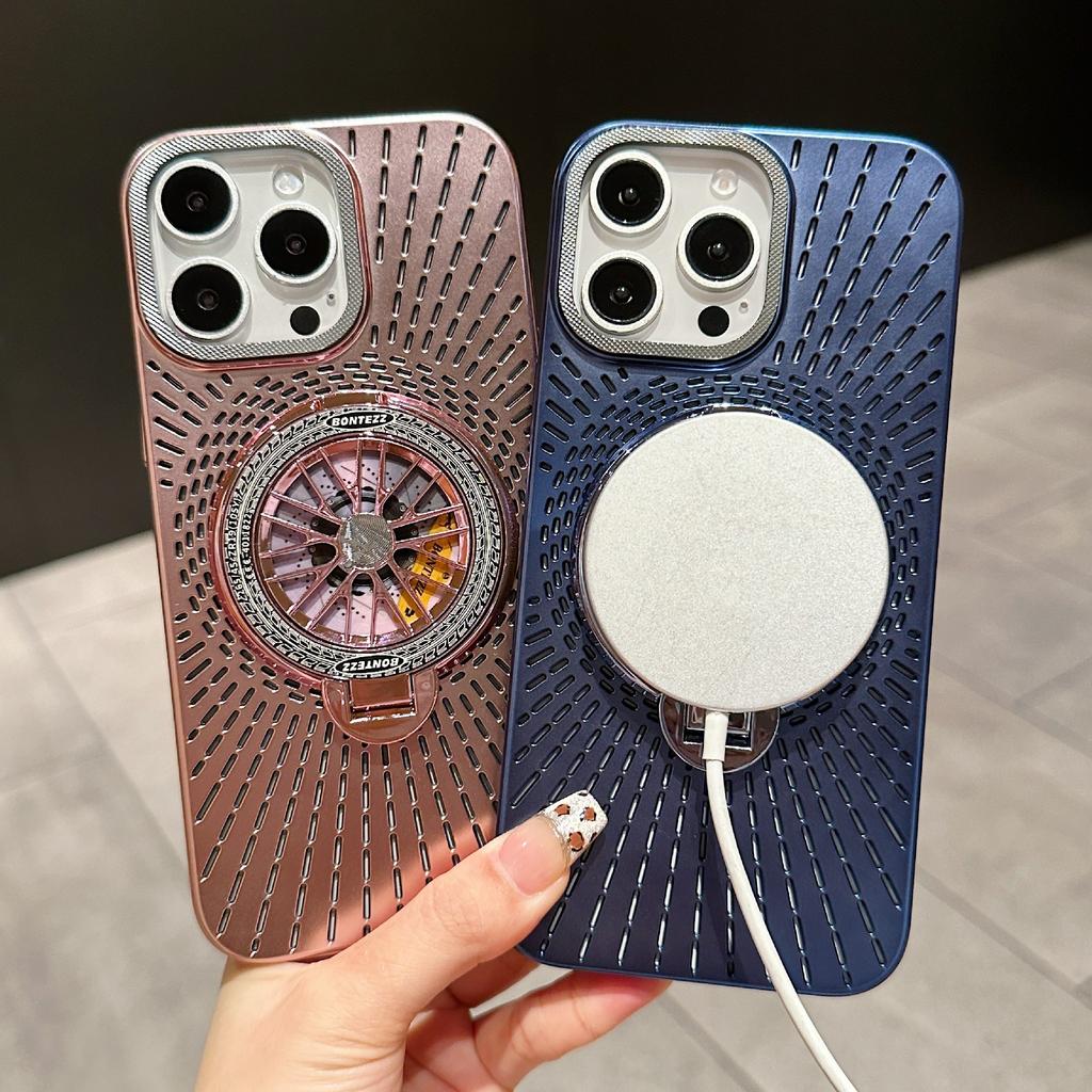 For iPhone 15 Pro Case Compatible with MagSafe Gyroscope Kickstand Heat Dissipation PC Back Cover