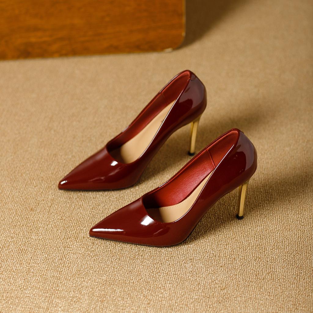 Thin heels high heels 2026 spring French patent leather glossy temperament pointed wedding shoes foot cover shallow mouth single shoes