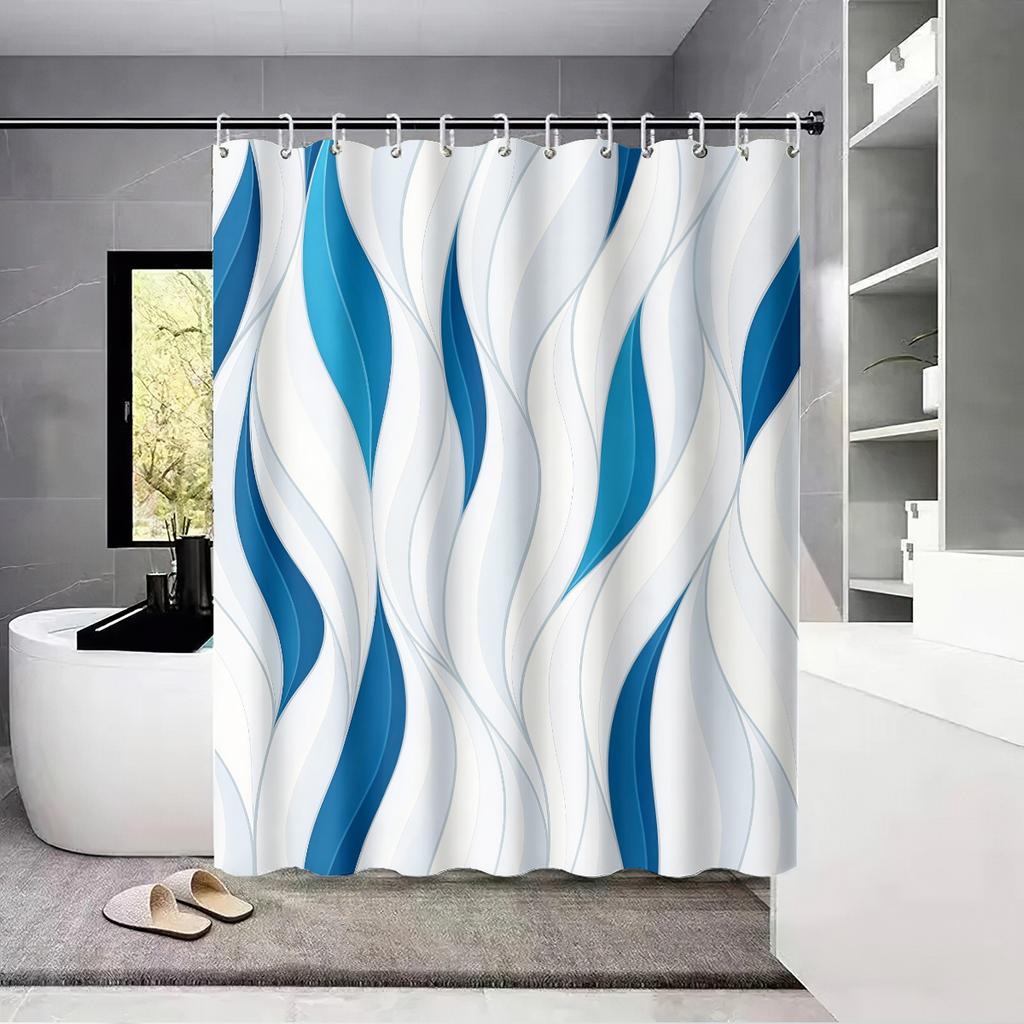 1P Blue Abstract Printed Waterproof Shower Curtain Shower Partition Hanging Curtain With 12 Hooks Multiple Sizes Easy To Install