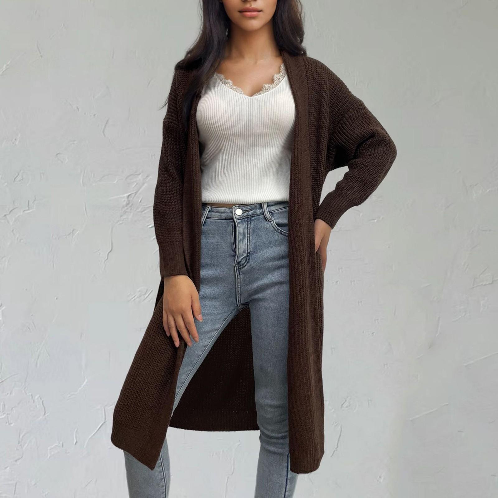 

Женский модный вязаный кардиган свитер средней длины повседневный свободный свитер куртка M кофейный
