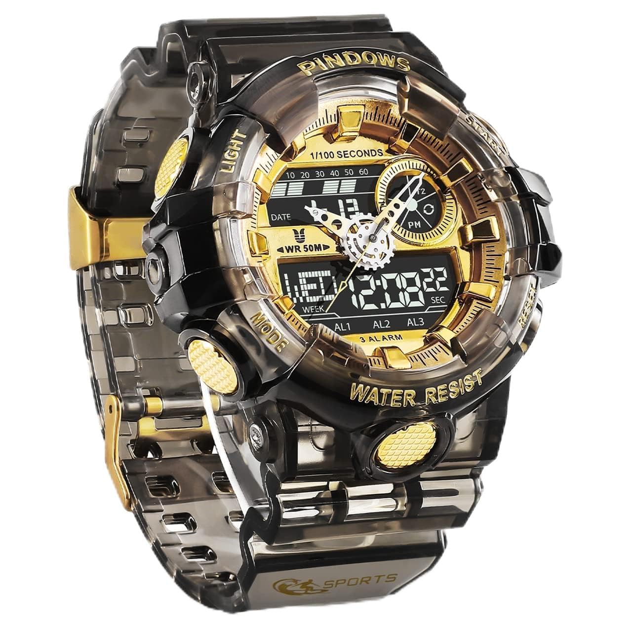 

PINDOWS Прозрачные Золотые Двойные 50м Водонепроницаемые Светодиодные Будильники и Идеальные для Ношения на Открытом Воздухе и Повседневного Ношения Мужские Часы, Аналогово-Цифровое Время, Устойчивые, Подсветка,