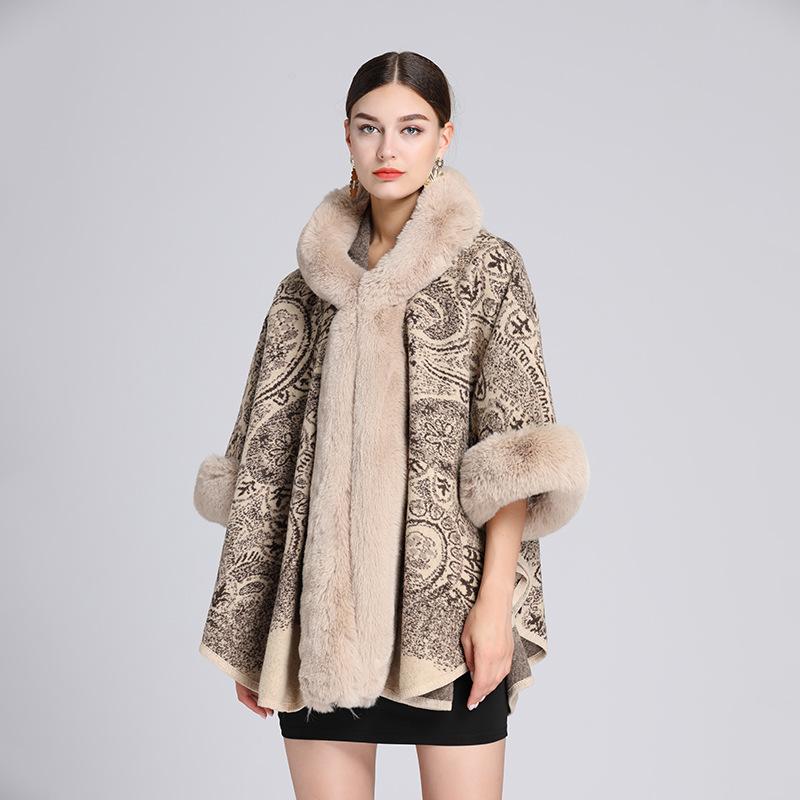 Winter Women's Shawl Cape Fur Collar Jacquard Hooded Large Size Seven-point Sleeves Tweed Jacket Cardigan