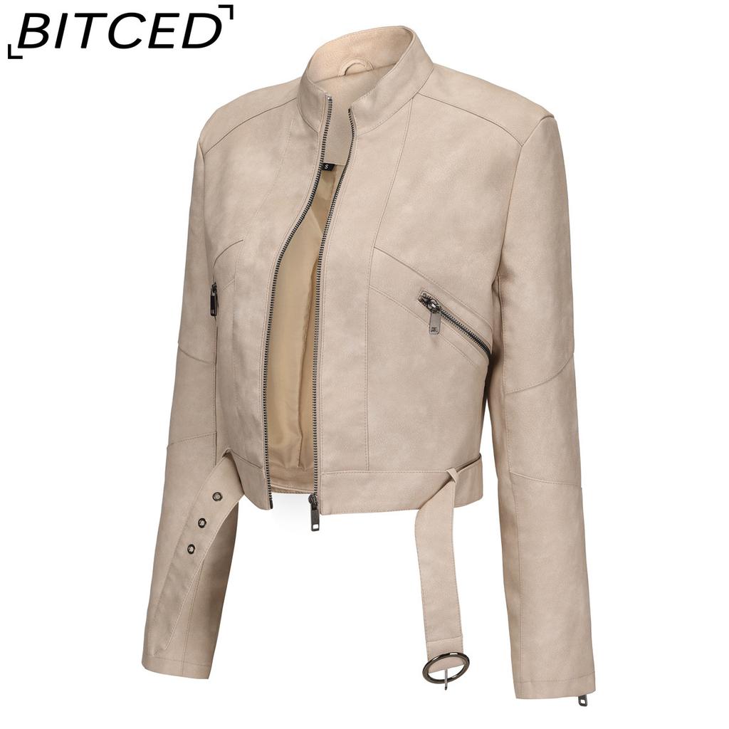 BITCED Women's Biker-Style Leather Jacket with Belt, Long Sleeves and Zip Fastening Spring/Autumn Leather Jacket