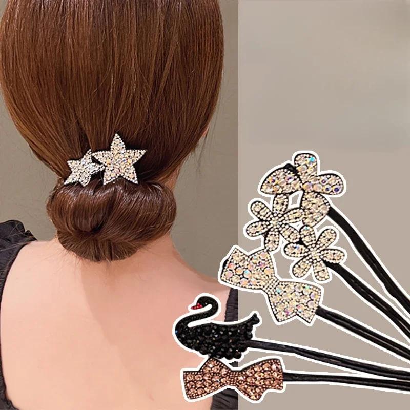 Rhinestone Star Hair Pin Flower Bud Head Bun Maker Bow Pearl Magic Bun Maker Lazy Hair Dish Artifact Women Hair Styling Braiders