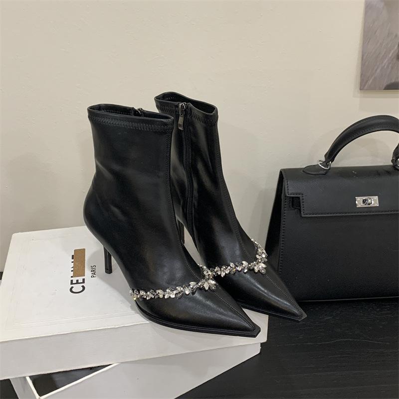 Rich Korean Celebrity Rhinestone Elastic Skinny Boots Women's Pointed Thin Heel Short Boots High Heel Skinny Side Zipper
