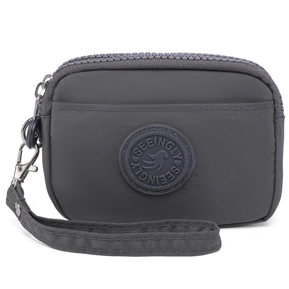 Portable Solid Color Women Wallet with Lanyard Waterproof Credit Card Holder Double Layer Nylon Zipper Clutch Ladies