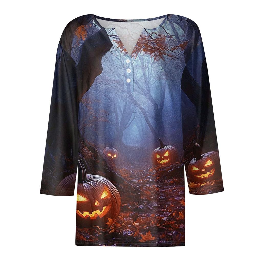 Damen Lässige Mode V-Ausschnitt Locker Vielseitig Halloween-Print Dreiviertelarm Oberteil