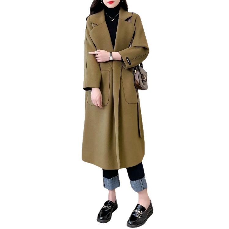 Women's Autumn and Winter Medium-length Temperament Loose Lacing Coat Solid Color Double-sided Velvet Coat